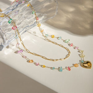 Double Layer Heart & Colorful Stone Necklace