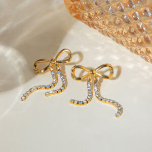 Handmade Bow Rhinestone Chain Earrings